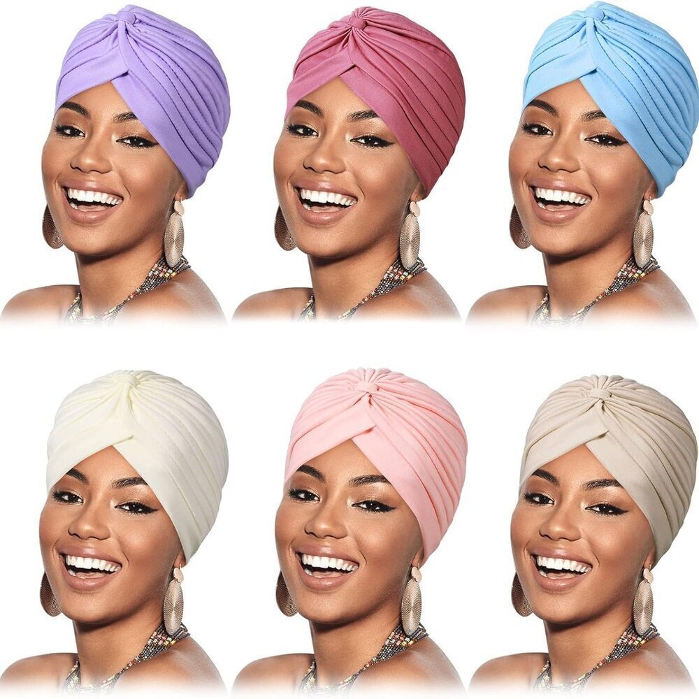 Women Turban Head Wraps 6 Pcs Soft Polyester Stretchy Pre Tied Chemo Sleep